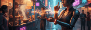 Female cyborg in a neon-lit cyberpunk city, using AI technology on a busy street.