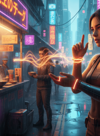 Female cyborg in a neon-lit cyberpunk city, using AI technology on a busy street.