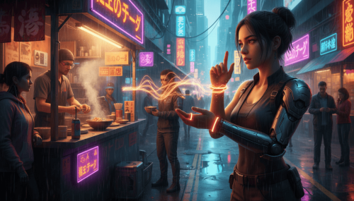 Female cyborg in a neon-lit cyberpunk city, using AI technology on a busy street.