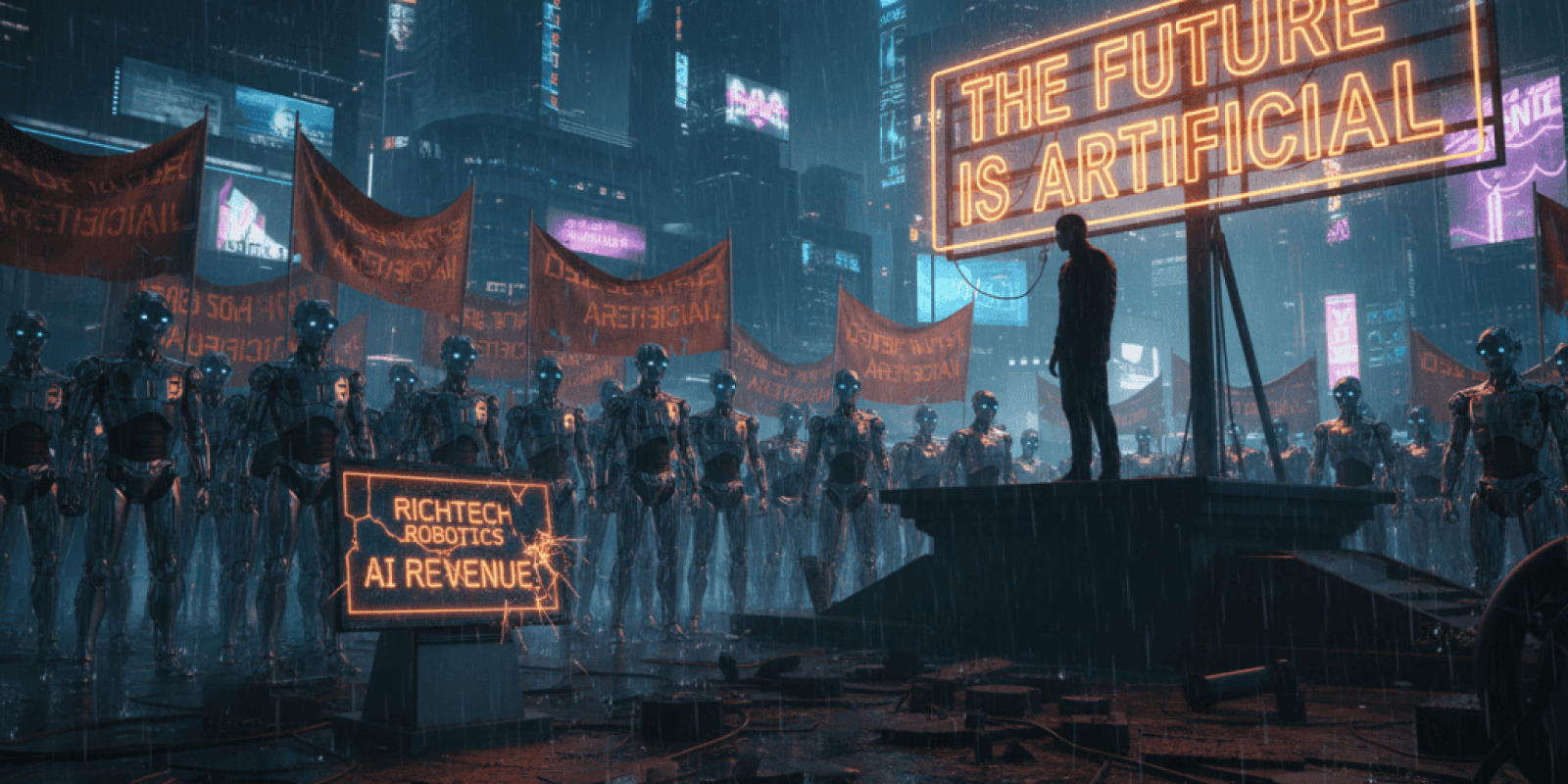 Futuristic city scene with AI and robotics, neon signs, and a speaker on stage.