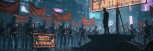 Futuristic city scene with AI and robotics, neon signs, and a speaker on stage.