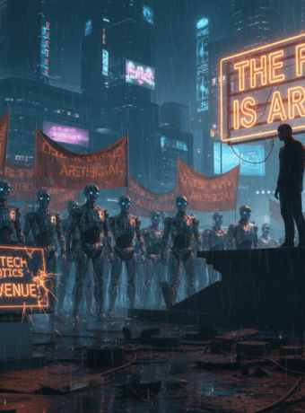 Futuristic city scene with AI and robotics, neon signs, and a speaker on stage.