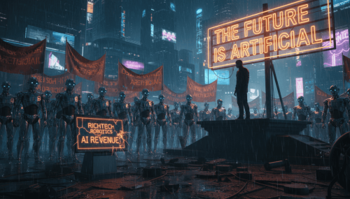 Futuristic city scene with AI and robotics, neon signs, and a speaker on stage.