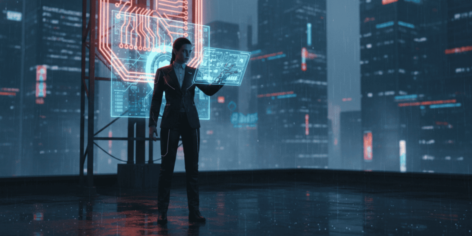 Businesswoman using futuristic digital interface in a high-tech cityscape.