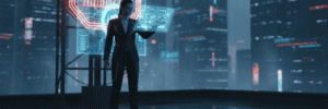 Businesswoman using futuristic digital interface in a high-tech cityscape.