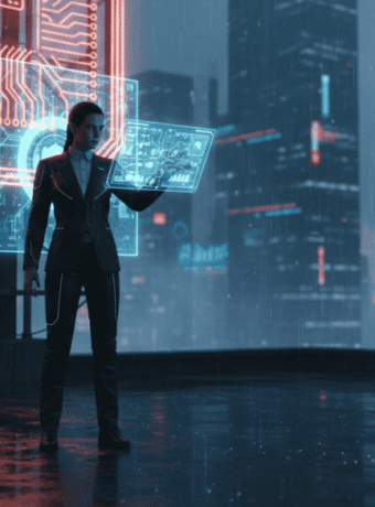 Businesswoman using futuristic digital interface in a high-tech cityscape.