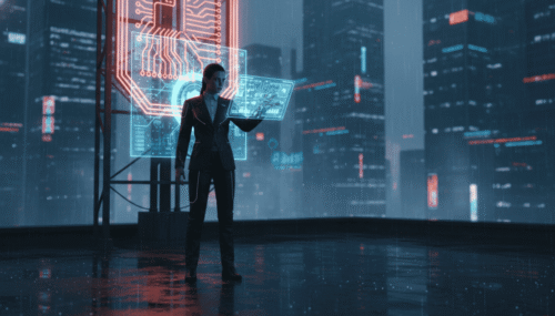 Businesswoman using futuristic digital interface in a high-tech cityscape.