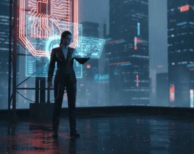 Businesswoman using futuristic digital interface in a high-tech cityscape.