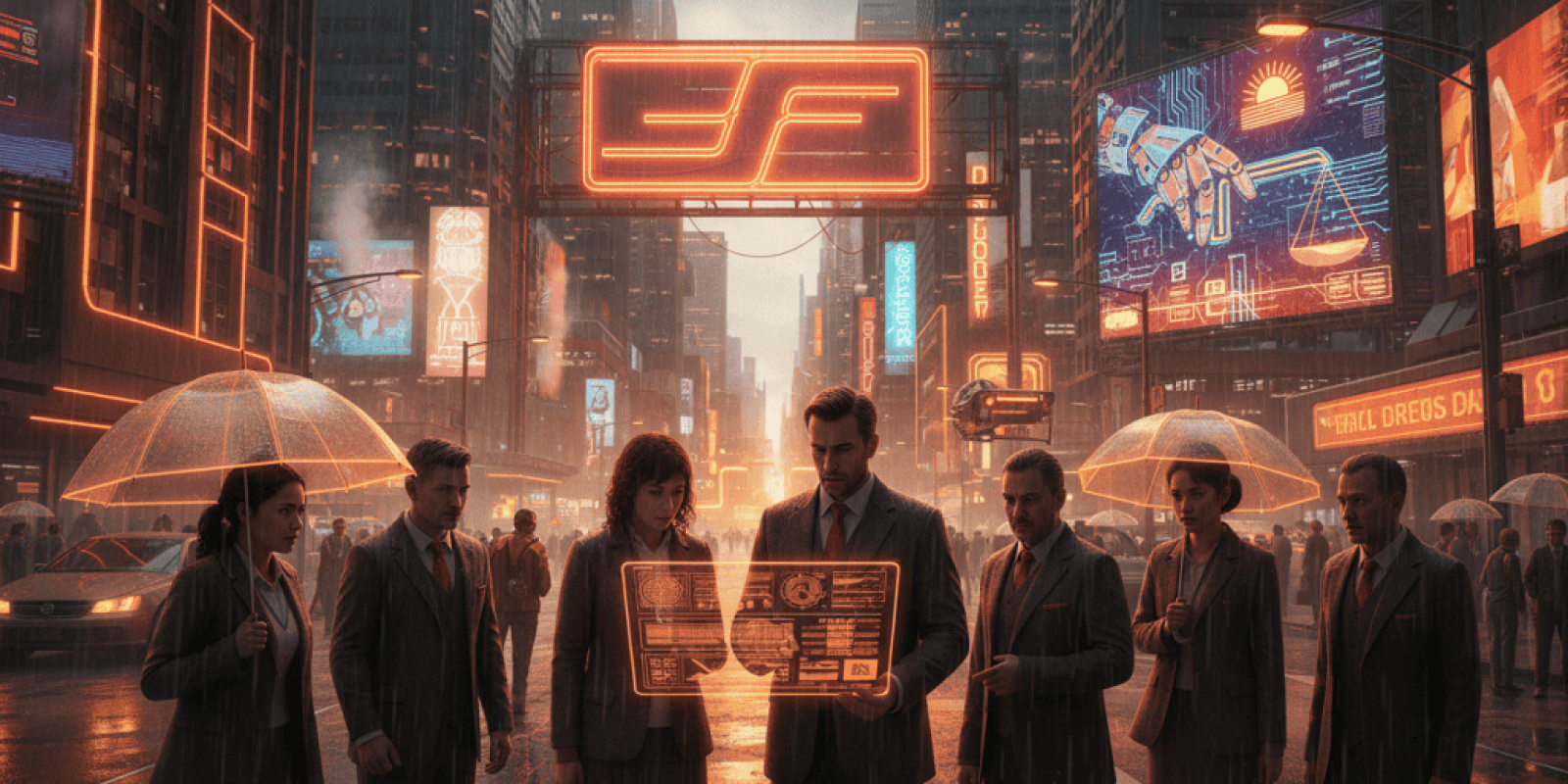 Futuristic city scene with business professionals using holographic AI interfaces amid neon lights a.
