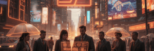 Futuristic city scene with business professionals using holographic AI interfaces amid neon lights a.