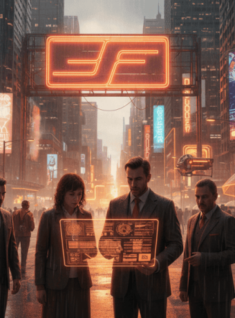 Futuristic city scene with business professionals using holographic AI interfaces amid neon lights a.