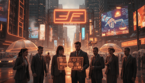 Futuristic city scene with business professionals using holographic AI interfaces amid neon lights a.