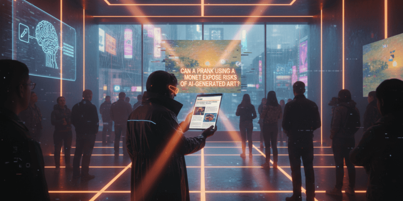 People viewing AI-generated art in a futuristic digital gallery.