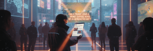 People viewing AI-generated art in a futuristic digital gallery.