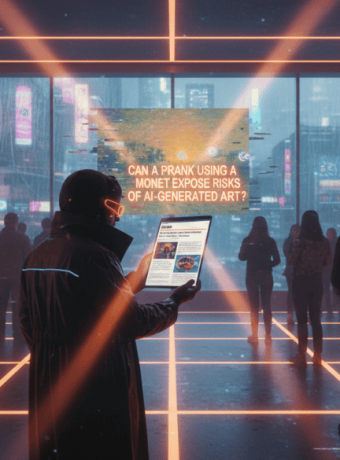 People viewing AI-generated art in a futuristic digital gallery.