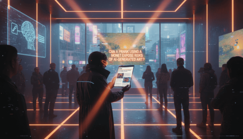 People viewing AI-generated art in a futuristic digital gallery.