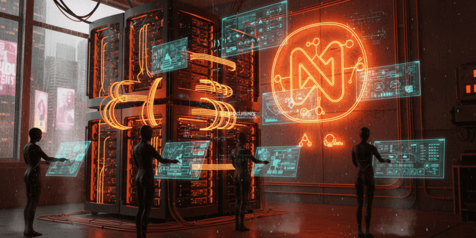 Futuristic AI data center with holographic interfaces and digital displays.