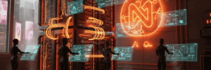 Futuristic AI data center with holographic interfaces and digital displays.