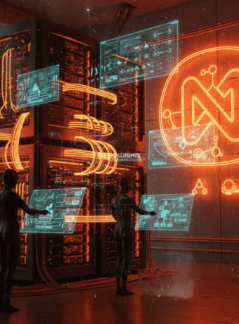 Futuristic AI data center with holographic interfaces and digital displays.