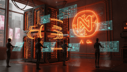 Futuristic AI data center with holographic interfaces and digital displays.
