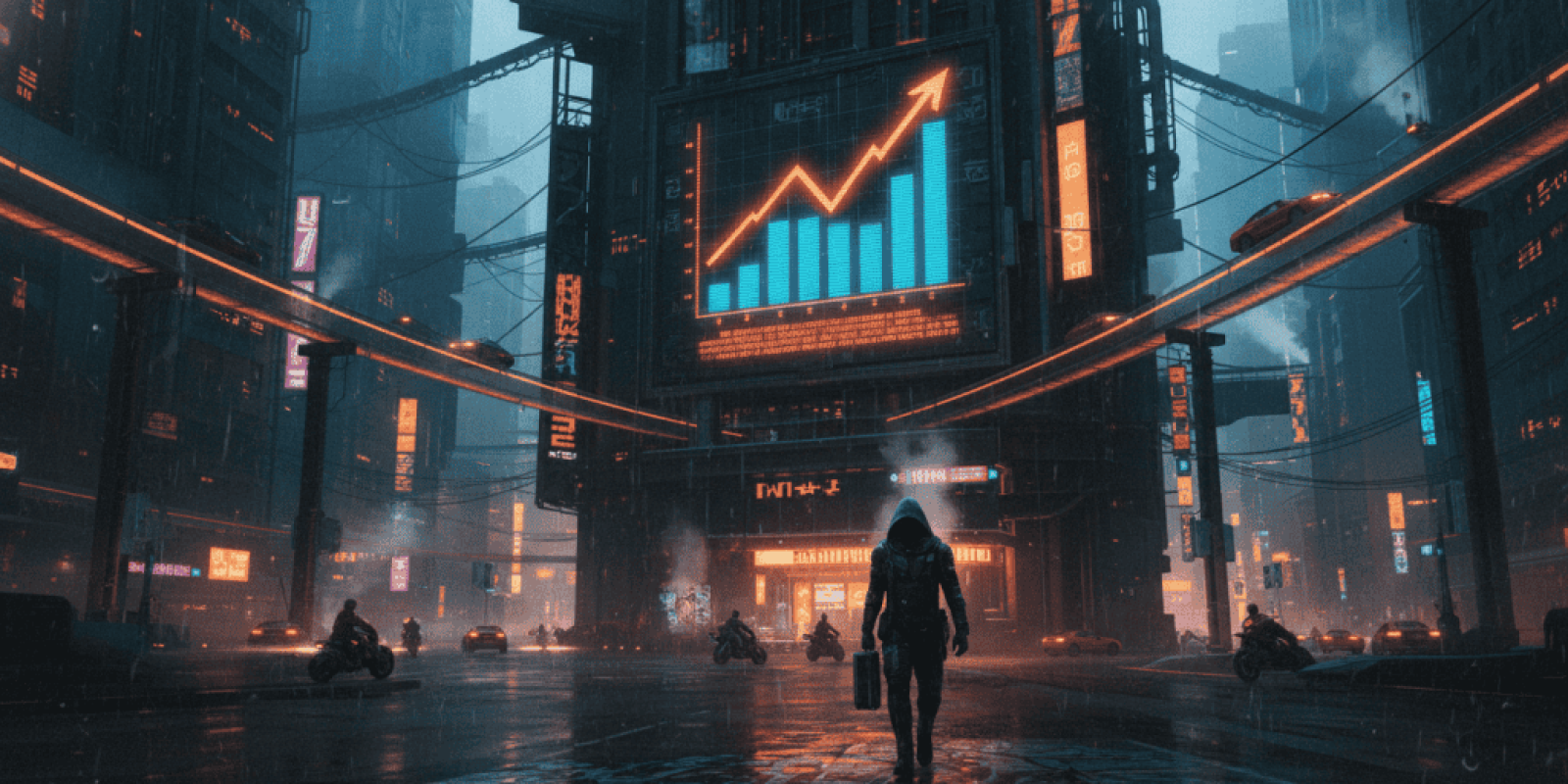 Futuristic cityscape with digital data and AI technology, showcasing urban innovation.