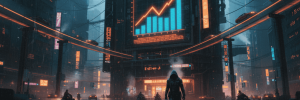 Futuristic cityscape with digital data and AI technology, showcasing urban innovation.
