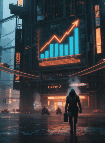Futuristic cityscape with digital data and AI technology, showcasing urban innovation.