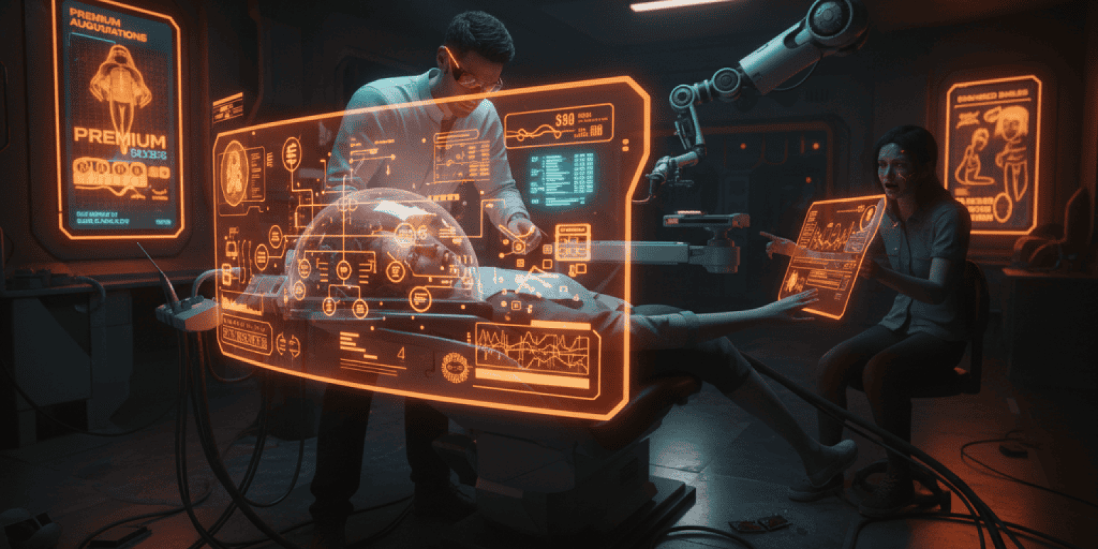 Advanced AI-powered surgical robot performing operation in a futuristic medical lab.