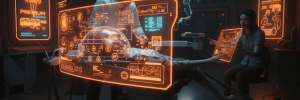 Advanced AI-powered surgical robot performing operation in a futuristic medical lab.