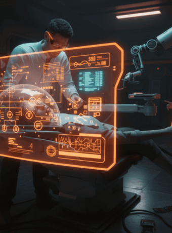 Advanced AI-powered surgical robot performing operation in a futuristic medical lab.