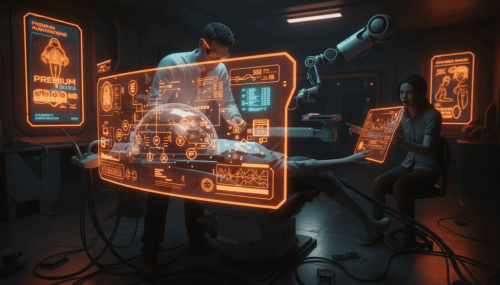 Advanced AI-powered surgical robot performing operation in a futuristic medical lab.