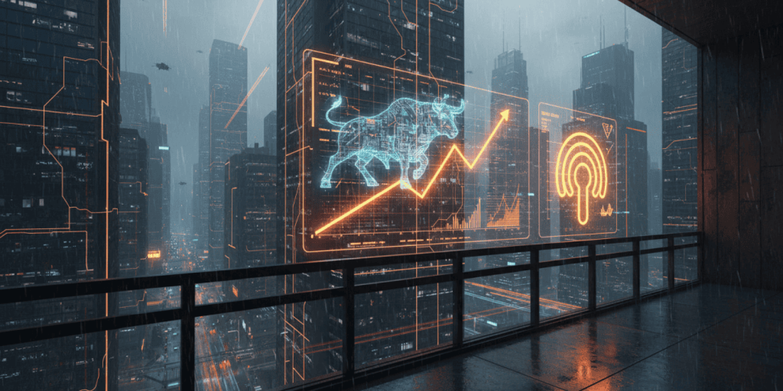 AI and data analytics in a futuristic cityscape with digital graphs and icons.