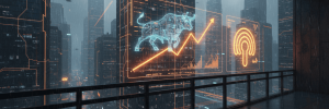 AI and data analytics in a futuristic cityscape with digital graphs and icons.
