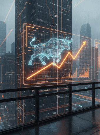 AI and data analytics in a futuristic cityscape with digital graphs and icons.