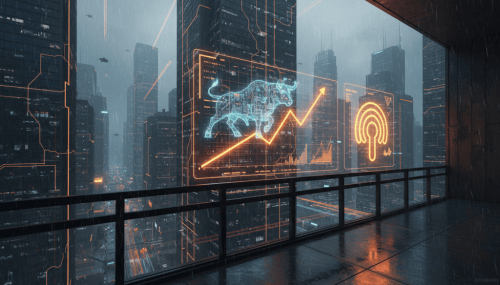AI and data analytics in a futuristic cityscape with digital graphs and icons.
