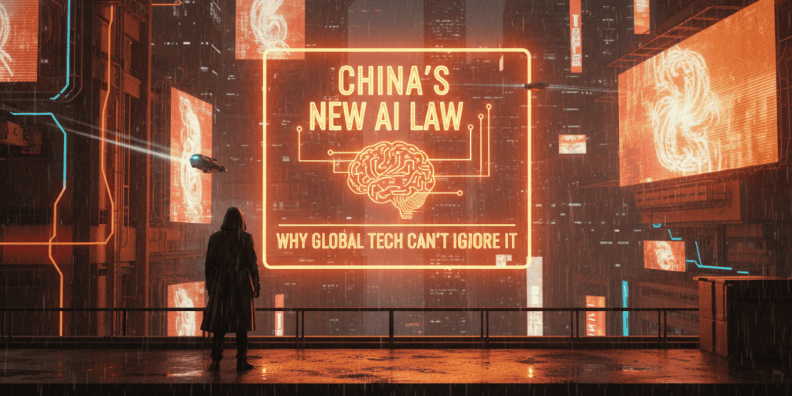 Digital cityscape with neon sign about China's new AI law and global technology implications.