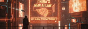 Digital cityscape with neon sign about China's new AI law and global technology implications.