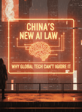 Digital cityscape with neon sign about China's new AI law and global technology implications.