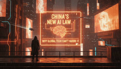 Digital cityscape with neon sign about China's new AI law and global technology implications.