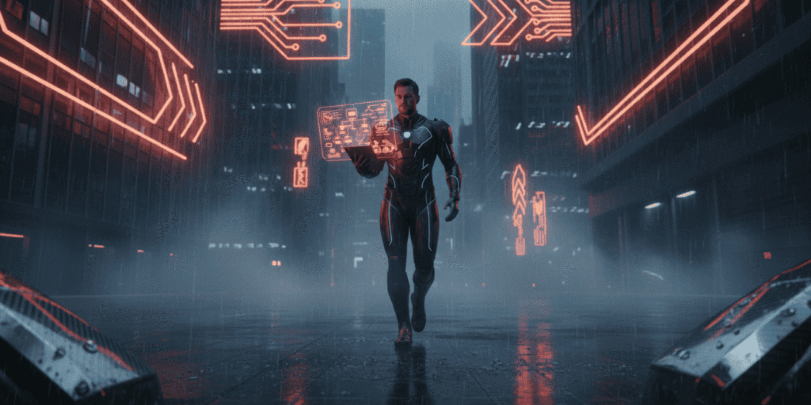 AI technology and digital interfaces in a modern cityscape at night.