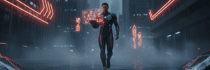 AI technology and digital interfaces in a modern cityscape at night.