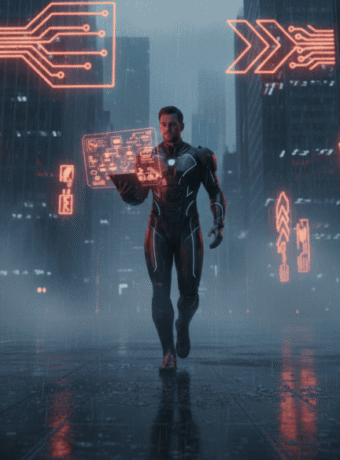 AI technology and digital interfaces in a modern cityscape at night.
