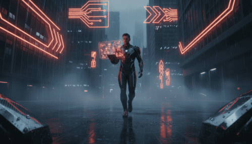 AI technology and digital interfaces in a modern cityscape at night.