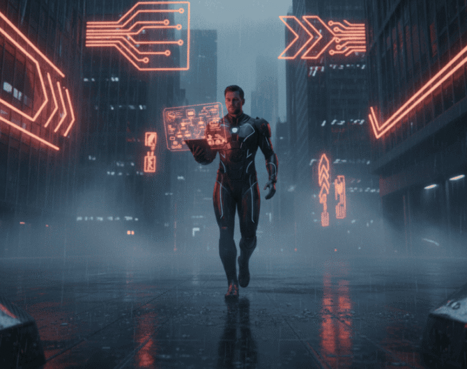AI technology and digital interfaces in a modern cityscape at night.