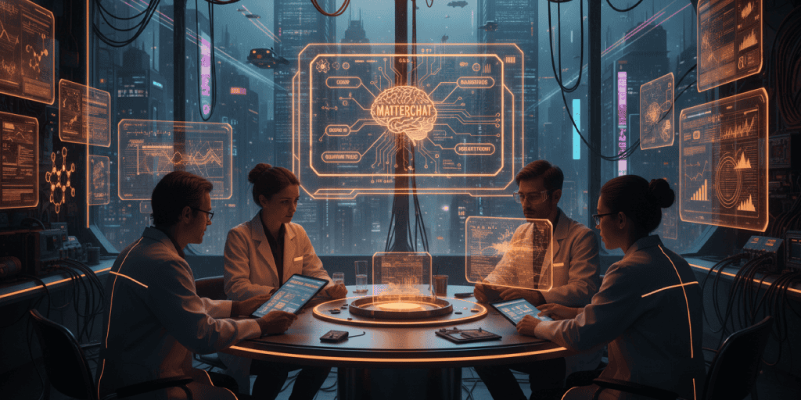 Team of professionals analyzing AI and data in a high-tech futuristic control room.