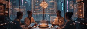 Team of professionals analyzing AI and data in a high-tech futuristic control room.