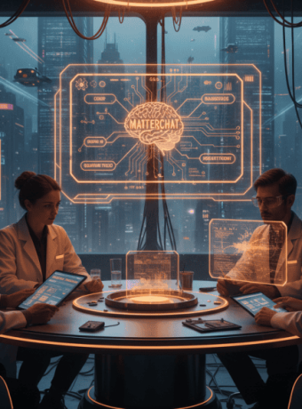 Team of professionals analyzing AI and data in a high-tech futuristic control room.