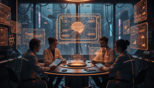 Team of professionals analyzing AI and data in a high-tech futuristic control room.