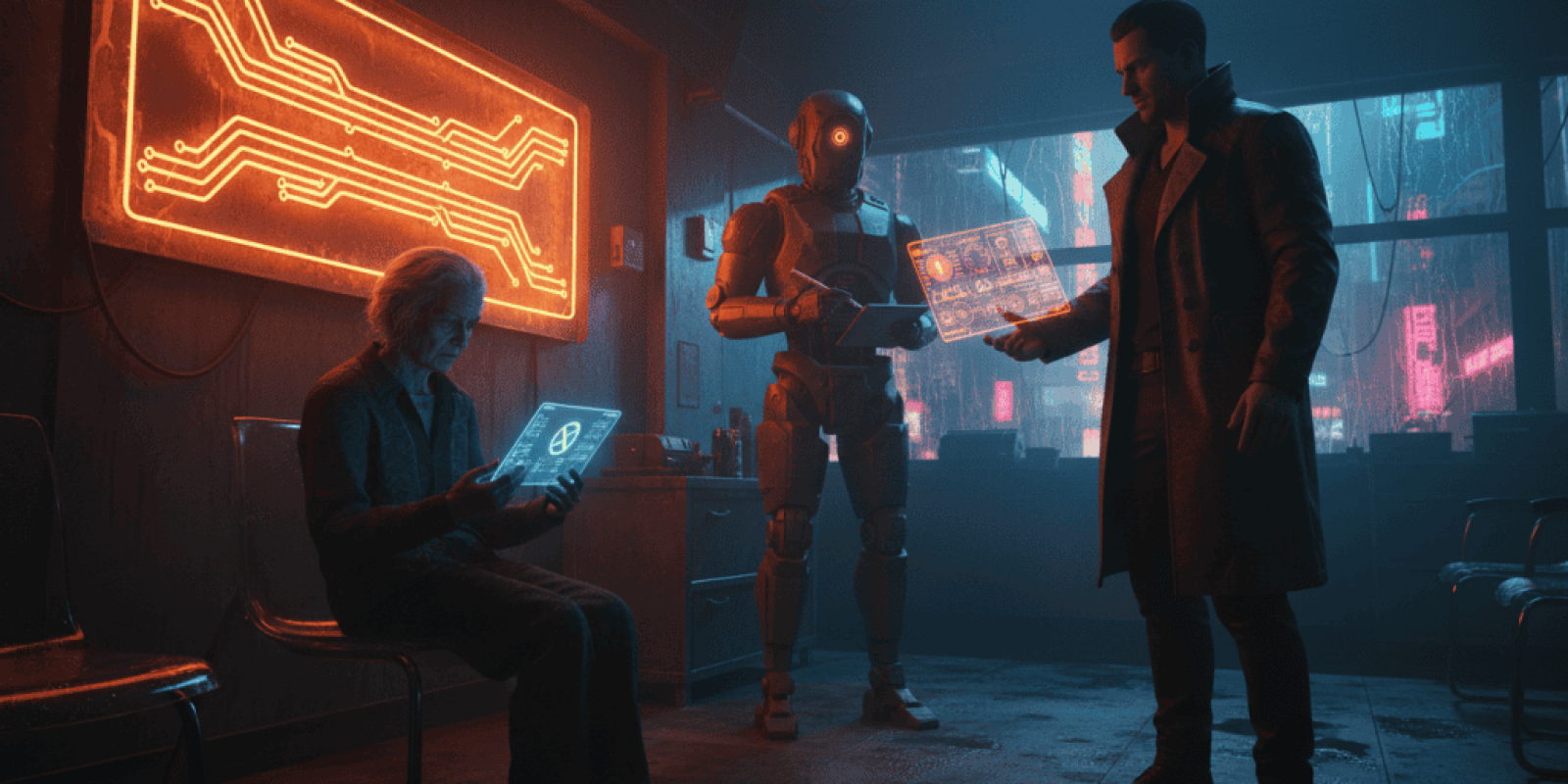 AI and robotics technology discussion in a futuristic setting.