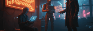 AI and robotics technology discussion in a futuristic setting.
